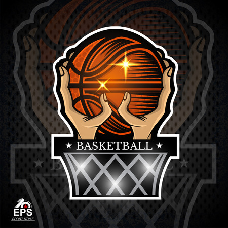 Two hands hold basketball ball above basket.のイラスト素材