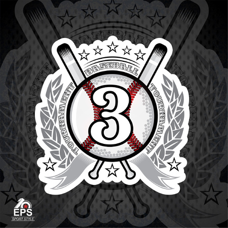 Baseball ball with number three and cross bats. Sport logo for any team or competitionのイラスト素材