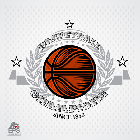 Basketball ball in center of silver wreath on light background. Sport logo for any teamのイラスト素材