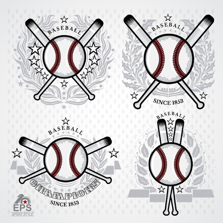 Baseball ball with silver wreath and cross bats on light background. Set of sport logo for any teamのイラスト素材