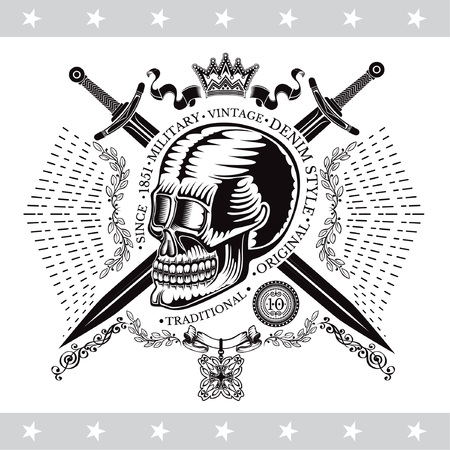 Skull with cross swords with ray and crown. Military heraldic habel on whitedのイラスト素材