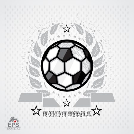 Soccer ball in center of silver wreath on light background. Sport logo for any football teamのイラスト素材