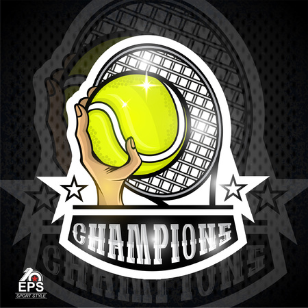 Hand hold tennis ball and racquet in center. Vector sport logo for any teamのイラスト素材
