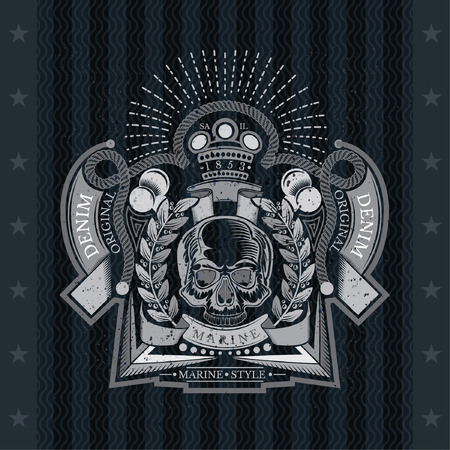 Skull front view in center wreath with crossed harpoon and bones. Heraldic vintage label on blackboardのイラスト素材