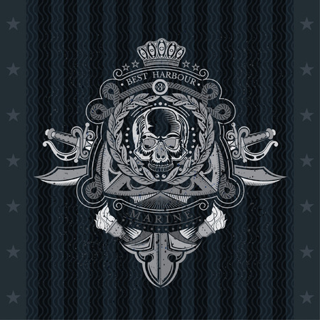 Skull front view in center of wreath with cross swords and anchor behind. Heraldic vintage label on blackboardのイラスト素材