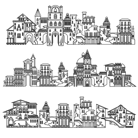 Set of different style and vintage architecture cities. Vector line illustration for tourism web and advertisingのイラスト素材