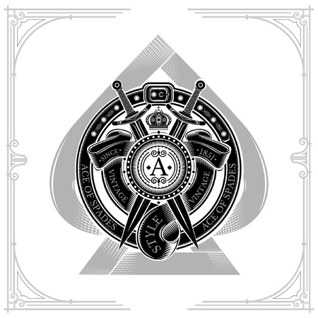 Ace of spades with round shield and cross swords, ribbons into round belt frame. Heraldic Label on whiteのイラスト素材