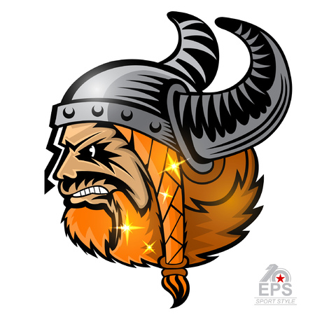 Beard man face in profile with horned helmet isolated on white. icon  for any sport team vikingsのイラスト素材
