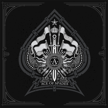Coat of arms with crossed flags and vertical sword in the center of ace of spades. Brand or T-shirt style on blackboardのイラスト素材