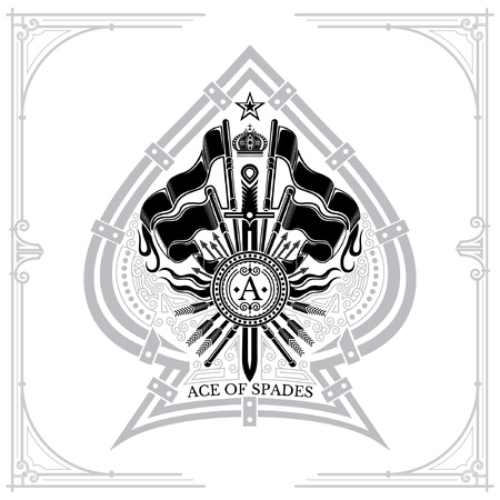 Coat of arms with crossed flags and vertical sword in the center of ace of spades. Brand or T-shirt style on whiteのイラスト素材
