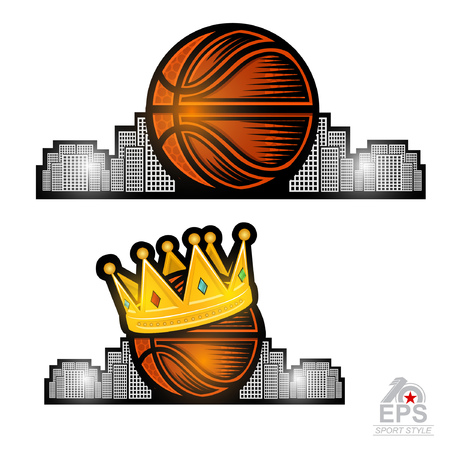 Bsketball ball with golden crown and city behind. Sport logo for any streetball team or competition isolated on whiteのイラスト素材