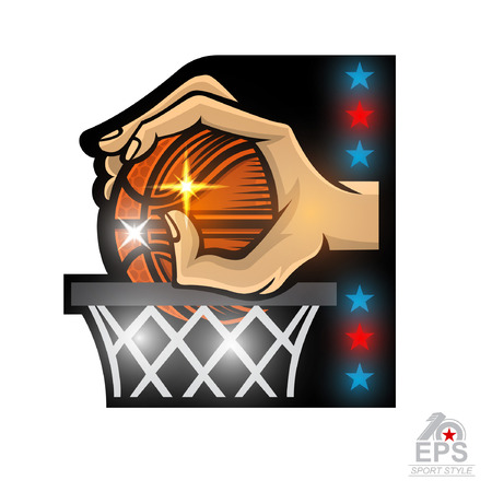 Hands hold basketball ball above basket slam dunk. Sport logo for any team or competition isolated on whiteのイラスト素材