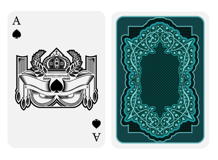 Ace of spades face with crown in center of wreath and ribbons on whiteのイラスト素材