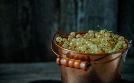 Close up yellow brass bucket with berry of red currant. Which stand on vintage wood backgroundの写真素材