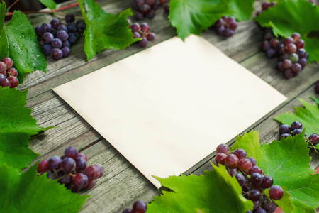 Vine with grapes and leaves around on vintage rustic wooden table. Old paper template in centre of backgroundの写真素材