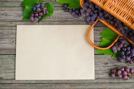 Basket with grapes lay on rustic wood with sheet of paper template in centre. Wine making background. Top viewの写真素材