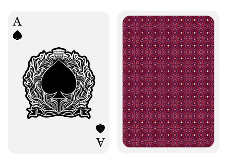 Ace of spades face with spades inside wreath and back violet suit. Vector card templateのイラスト素材