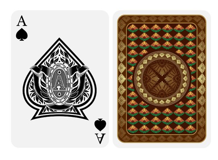 Ace of spades face with floral pattern inside spades  form and back with gold yellow flower texture on suit. Vector card templateのイラスト素材