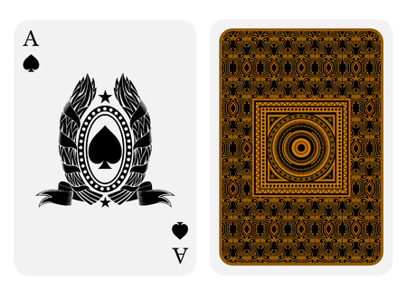 Ace of spades face with spades inside oval wreath and back gold blue suit. Vector card templateのイラスト素材