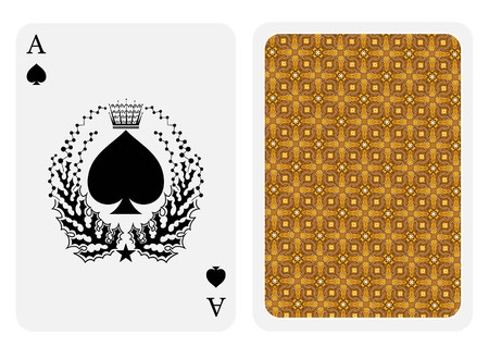 Ace of spades face with spades inside wreath and back gold texture suit. Vector card template isolatedのイラスト素材