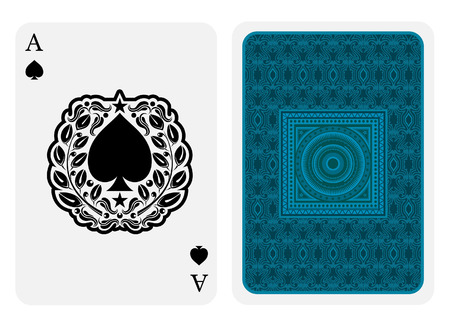 Ace of spades face with spades inside wreath and back with blue suit. Vector card templateのイラスト素材