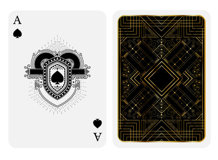 Ace of spades in line style shield face and back with golden art deco gatsby pattern style on black suit. Vector card templateのイラスト素材