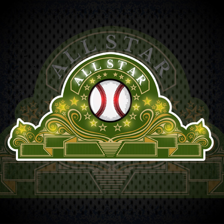 Baseball ball in center of green banner with gold pattern. Sport logo for any football team or competition all starのイラスト素材