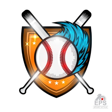 Baseball ball with blue speed trail in center of shield. Sport logo isolated on white for any team or competitionのイラスト素材