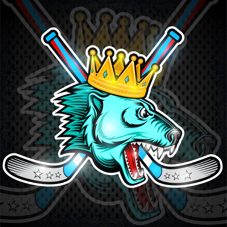 Beast bear face from the side view with hockey puck, crown and crossed stick. Logo for any sport team polarbearのイラスト素材
