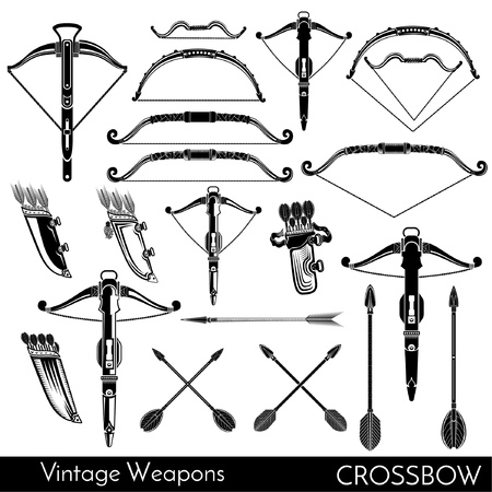 Big set of different vintage arrows, bow and crossbow with elements isolaten on whiteのイラスト素材