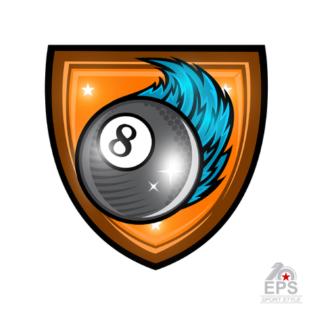 Billiard ball with blue wind trail in center of shield on white. Sport logo for any team or championshipのイラスト素材