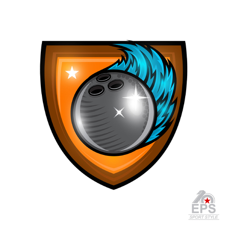 Bowling ball with wind trail in center of shield isolated on white. Sport logo for any team or championshipのイラスト素材