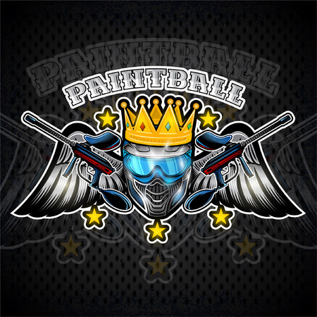 Blue paintball mask with crown and crossed guns between wings on white background. Sport logo for any team or tournament isolated on darkのイラスト素材