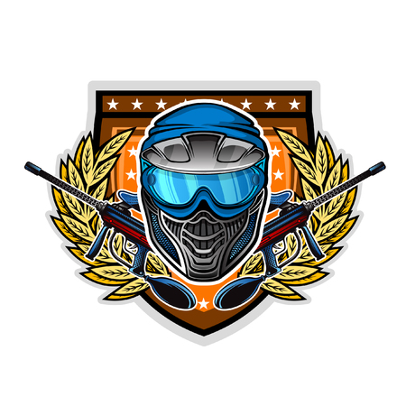 Blue paintball mask with guns in the center of wreath on shield. Sport logo for any team or tournament on whiteのイラスト素材