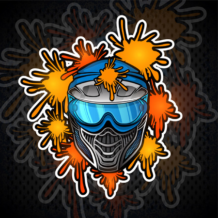 Blue paintball mask with paint blots. Sport logo for any team or tournament on dark backgroundのイラスト素材