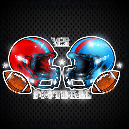 Blue and red american football helmets in front of each other in center. Sport logo for any team or competitionのイラスト素材