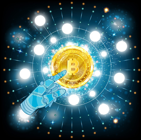 Business blue background with robot hand pointer and golden bit coin in center of round futuristic backgroundのイラスト素材