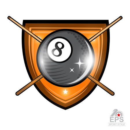 Billiard ball with crossed billiard cue in center of shield on white. Sport logo for any team or championshipのイラスト素材