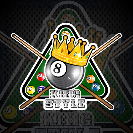 Billiard ball with crown and pyramyd gren table with crossed cues. Sport logo for any team or championshipのイラスト素材