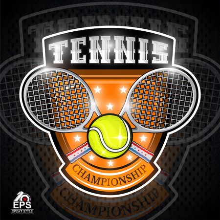 Crossed rackets with tennis ball in center of shield. Vector sport logo isolated for any team or competitionのイラスト素材