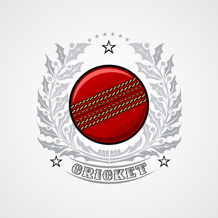 Cricket ball in center of silver wreath on white. Sport logo for any teamのイラスト素材