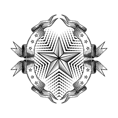 Engraving star in the middle of frame from ribbon isolated on white. Vintage style for print or designのイラスト素材