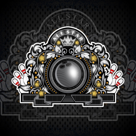 Bowling ball and pins in center of silver banner with silver pattern. Sport logo for any team or competition all starのイラスト素材