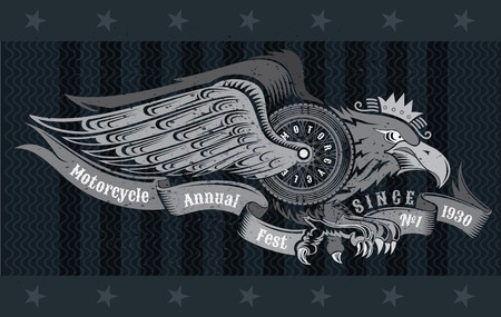 Eagle with motorbike wheel wings wings and ribbon. Vintage motorcycle design on blackboardのイラスト素材