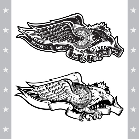 Eagle with motorbike wheel wings wings and ribbon. Vintage motorcycle design isolated on whiteのイラスト素材