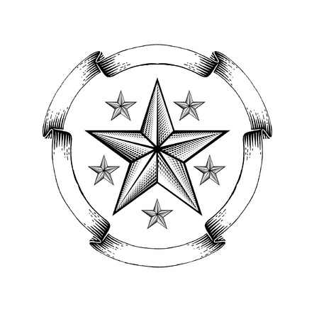 Engraving star in the middle of round ribbon frame isolated on white. Vintage style for print or designのイラスト素材