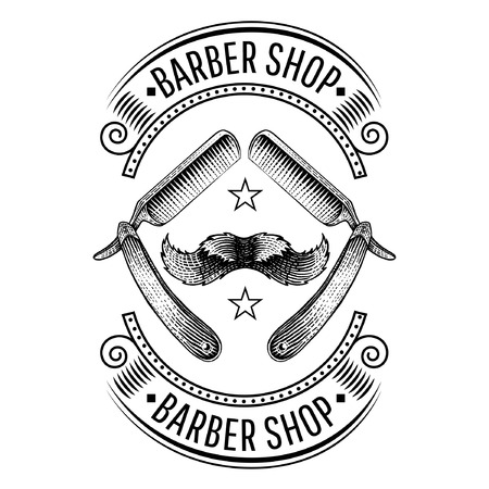 Engraving mustache in the middle of two razor. Vintage style for burbershop or t-shirt designのイラスト素材