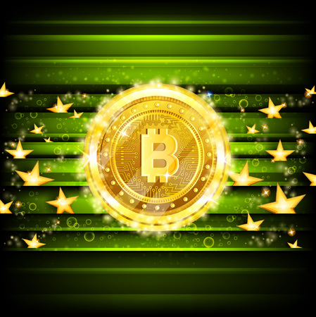 Golden bit coins and stars on green glossy backgroundのイラスト素材