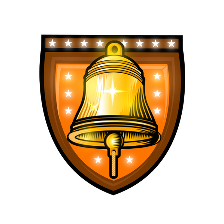 Golden bell in the middle of golden wreath in center of shield isolated on white. Sport logo for any yachting or sailing team or championshipのイラスト素材