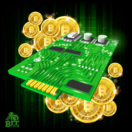 Golden bit coins with micro chip on green backgroundのイラスト素材